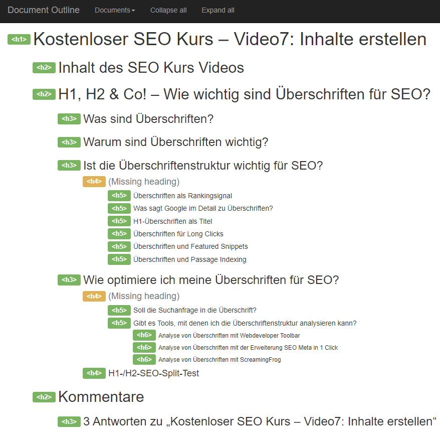  Analyse der Überschriftenstruktur in der SEO am Beispiel der Webdeveloper Toolbar