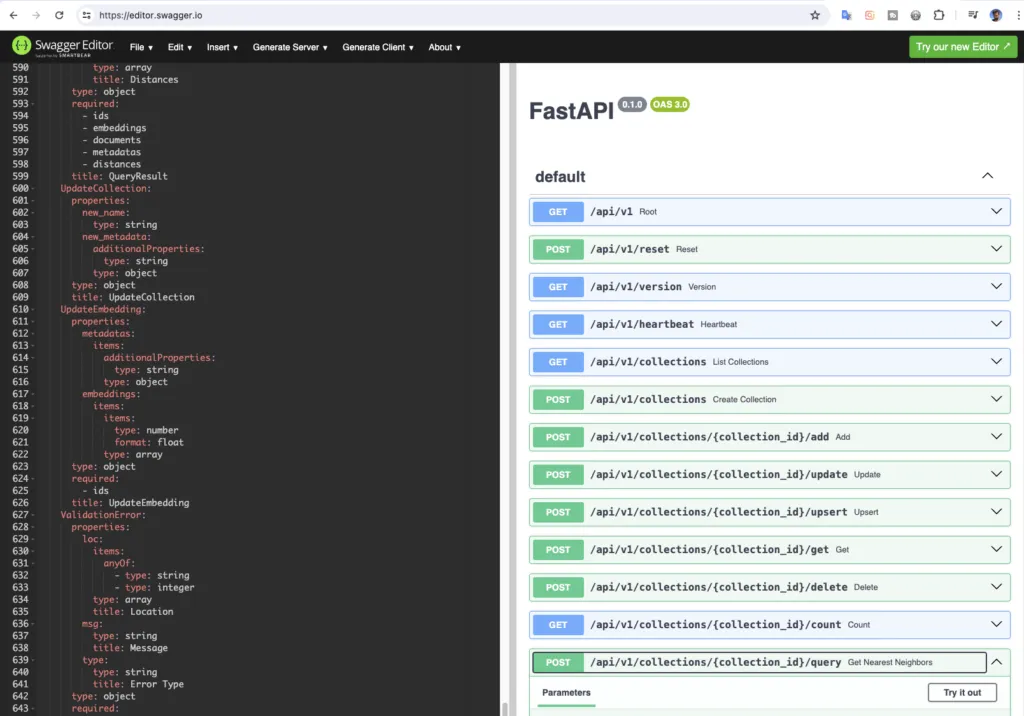 ChromaDB API Yaml in Swagger visualisiert