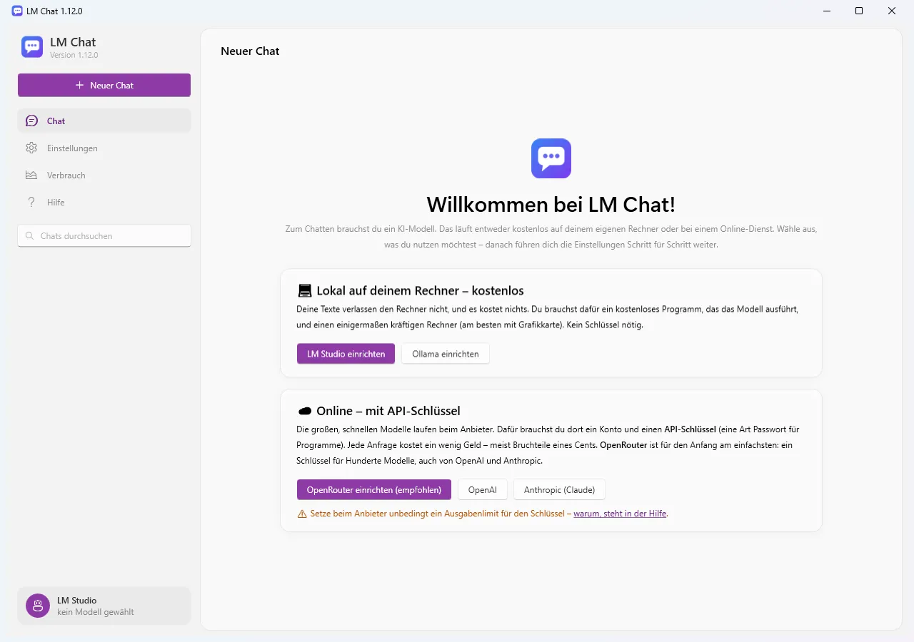 FreeGuenther KI-Chat für Windows: Auswahl zwischen lokaler KI und Online-Modellen beim ersten Start