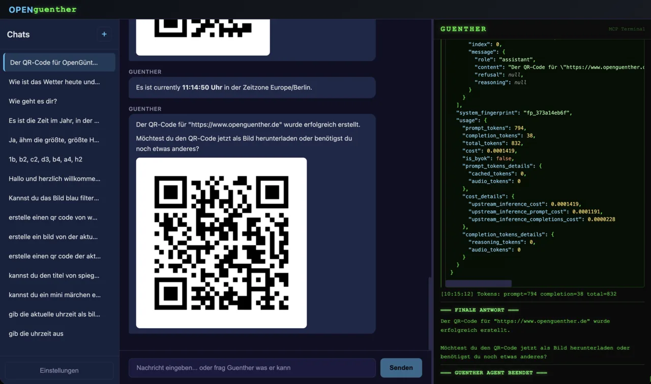 OPENguenther: Chat im Browser mit erzeugtem QR-Code und Live-Protokoll der KI-Kommunikation